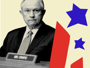 Editorial illustration of a man in a suit at a desk nameplate reading Mr. Crapo, overlaid with red geometric shapes and blue stars on a cream background.