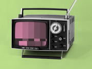Editorial illustration of a vintage Sony portable television with a pixelated pink screen on a green background.