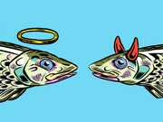 Editorial cartoon of two fish facing each other, one with a golden halo and one with red devil horns, on a light blue background.