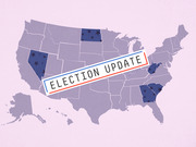 US map with several states highlighted in dark blue with stars, overlaid with an Election Update banner in red, white, and blue.