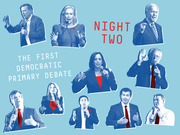 Editorial illustration showing blue-tinted cutout photos of ten Democratic primary debate candidates for Night Two of the first Democratic primary debate.