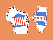 Editorial illustration showing the outlines of Wisconsin with a government building icon and Illinois filled with the Chicago city flag design on an orange background.