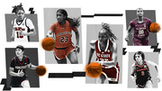 Editorial collage of six women's college basketball players from Ole Miss, Princeton, NC State, Florida State, Gonzaga, and Georgia in a stylized black-and-white and color composite.