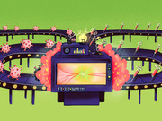 Editorial illustration showing a machine on a conveyor belt transforming coronavirus particles on the left into vaccine syringes on the right, with a glowing lightbulb and bar chart on top.