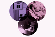 Three overlapping circles containing purple-tinted photos of a procedure room sign, a patient with a blood pressure cuff, and a medical desk with a monitor.