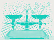 Teal-tinted editorial illustration of a balance scale against a decorative background of grid lines, dots, and topographic patterns.