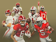 Editorial illustration showing six college football players from Alabama and Ohio State in action poses against a gold background.