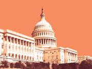 Orange-tinted editorial illustration of the United States Capitol building against a solid orange background.
