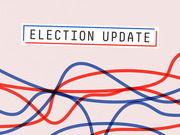 Decorative editorial illustration with the text Election Update in a bordered label above intertwining red and blue ribbon-like lines on a light pink background.