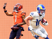 Editorial illustration showing two NFL wide receivers, a Cincinnati Bengals player number 1 and a Los Angeles Rams player number 10, on an orange grid background.