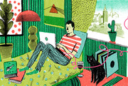 Colorful editorial illustration of a person relaxing in a chair with a laptop, a black cat nearby, surrounded by plants, records, and a city view.