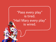 Editorial graphic with a speech bubble on a red background contrasting 'Pass every play is tired' with 'Hail Mary every play is wired,' alongside a football photo.