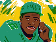 Editorial illustration of a man wearing a green Philadelphia Eagles cap and jersey against a yellow and green brushstroke background.