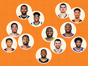 Editorial illustration showing circular headshot portraits of approximately 12 NBA players arranged on an orange grid background.