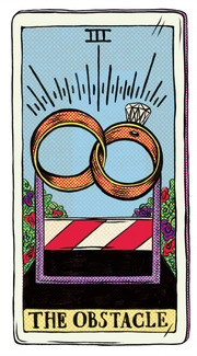 Editorial illustration styled as a tarot card labeled 'The Obstacle' showing two interlocked wedding rings above a road barrier, numbered III at the top.