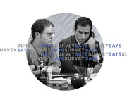 Editorial illustration featuring two characters from The Office TV show in a circular crop with repeating SURVEY SAYS text overlay in blue and gray.
