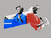 Editorial collage showing two politicians speaking at podiums overlaid on the shape of Massachusetts, colored in blue and red.