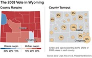 Two maps of Wyoming showing the 2008 presidential vote: county margins by color and county turnout by circle size, with labeled cities Casper and Cheyenne.