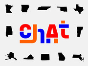 Colorful stylized text reading CHAT in red, orange, and blue surrounded by black silhouettes of various U.S. states on a light gray background.
