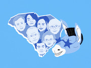 Editorial illustration showing seven Democratic presidential candidate faces arranged within the outline of South Carolina, alongside a cartoon Democratic donkey taking a selfie.