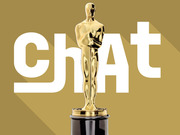 Editorial illustration showing an Oscar statuette in front of large white text reading 'chAt' on a gold background, used as a header for an Oscars chat feature.
