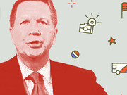 Editorial illustration of a man in a red suit with campaign-themed icons including a flag, camera, star, and campaign bus on a light green background.