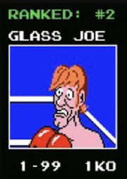 Ranked #2 card for Glass Joe from the video game Punch-Out!!, showing his pixelated portrait and record of 1-99 with 1 KO.