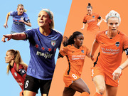 Editorial collage showing Chicago Red Stars players in blue uniforms on the left and Houston Dash players in orange uniforms on the right, split by a diagonal dividing line.