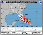 NWS National Hurricane Center forecast track map for Hurricane Irma as of 8 AM EDT September 8, 2017, showing probable path cone, wind extents, watches, and warnings.