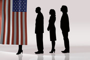 Silhouettes of four people standing in a line next to an American flag, suggesting a political or electoral theme.