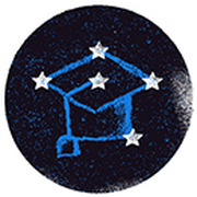 Circular dark illustration of a graduation cap with blue outline and white stars around it on a dark speckled background.