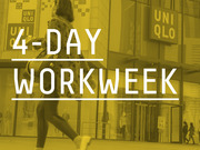 Yellow-tinted editorial photo of a Uniqlo storefront overlaid with large white text reading 4-Day Workweek.