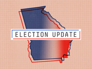 Editorial illustration of Georgia state outlined in red and blue with a blue-to-red gradient fill and an Election Update banner overlay.