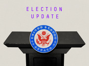 Editorial illustration showing a black podium with the United States Senate seal and the text Election Update above it in purple letters.