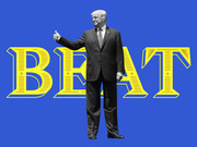 Editorial illustration of Donald Trump giving a thumbs up overlaid on large yellow decorative letters spelling BEAT on a blue background.