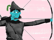 Editorial illustration of an archer with a cartoon teal face wearing a Robin Hood-style hat, drawing a bow and arrow against a pink background.