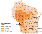 Choropleth map of Wisconsin counties showing Huckabee's vote share in the 2008 election, with counties shaded by four ranges from less than 40% to 50% or more.