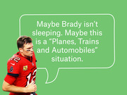 Editorial graphic showing Tom Brady in a Tampa Bay Buccaneers jersey with a speech bubble quoting a Planes, Trains and Automobiles reference on a green background.