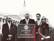 Stylized black-and-white editorial photo illustration of four politicians at a U.S. House of Representatives podium labeled Defending the Constitution, with red paint drips overlaid.
