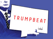 Editorial illustration of a figure resembling Donald Trump holding a document labeled TRUMPBEAT with a signature, rendered in blue and white on a purple background.