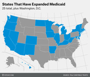US map highlighting in blue the 25 states plus Washington D.C. that have expanded Medicaid, with non-expansion states shown in gray.