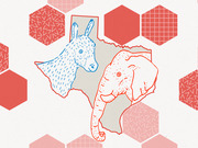 Editorial illustration showing a blue Democratic donkey and red Republican elephant overlaid on the outline of Texas, surrounded by red hexagonal shapes.