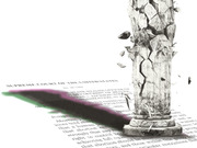 Editorial illustration of a crumbling marble column casting a shadow over a Supreme Court document related to the Dobbs v. Jackson Women's Health Organization case.