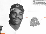 Editorial collage showing a black-and-white photo of a New York Mets baseball player alongside an illustration of stacked cash bundles with orange arrows, partial text visible in background.