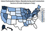 Choropleth map of the US showing union participation rates in manufacturing and construction sectors for private employers only, with small states labeled in a legend.