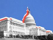 Stylized editorial illustration of the U.S. Capitol building in black and white against a blue background with red and white graphic accents along the roofline.