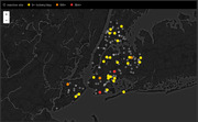 Dark map of New York City area showing parking ticket enforcement sites color-coded by ticket volume per day, from inactive to 384+ tickets/day.