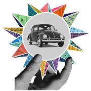 Collage illustration of a hand holding a circular medallion with a vintage Volkswagen Beetle, surrounded by colorful triangular paper fragments with numbers and text.