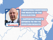 Editorial infographic about Doug Mastriano overlaid on a Pennsylvania map, noting he questioned 2020 election results and supported Trump's overturn efforts.