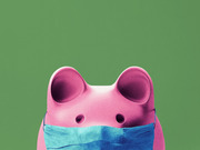 A pink piggy bank wearing a blue surgical face mask against a green background, used as editorial illustration likely related to healthcare costs or pandemic economics.